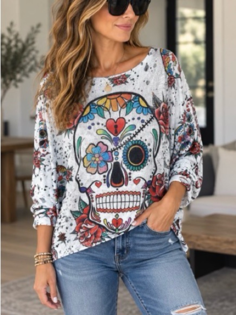 Sugar Skull Floral Long Sleeve Top